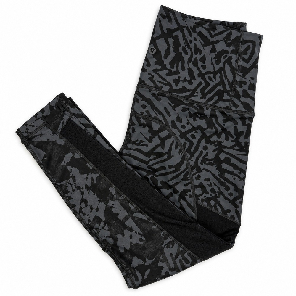 Lululemon High Rise Mesh Panel Leggings Women 6 Grey Black Abstract Print